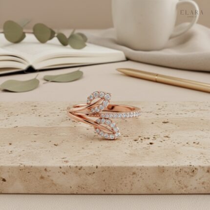 Double Leaf Diamond Ring – Wrap Around Band, Dainty Promise Ring for Her